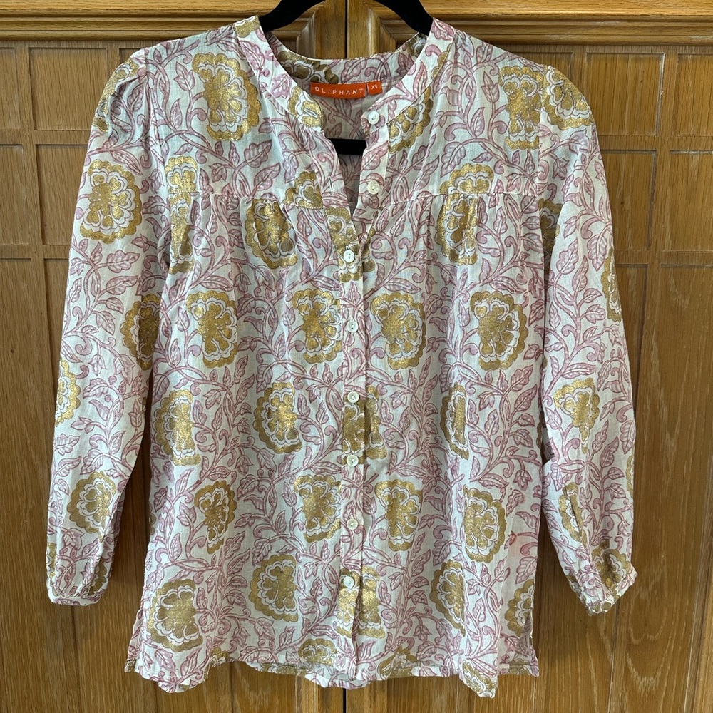 Oliphant Floral Button Front Blouse Pink & Gold Sz XS